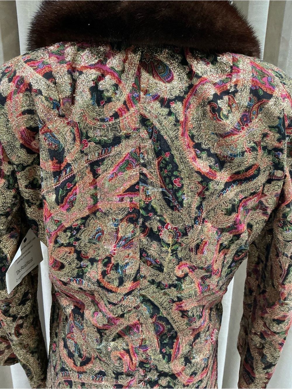 Women's Paisley Brocade Coat with Brown Fur Trim - Picture 6 of 11